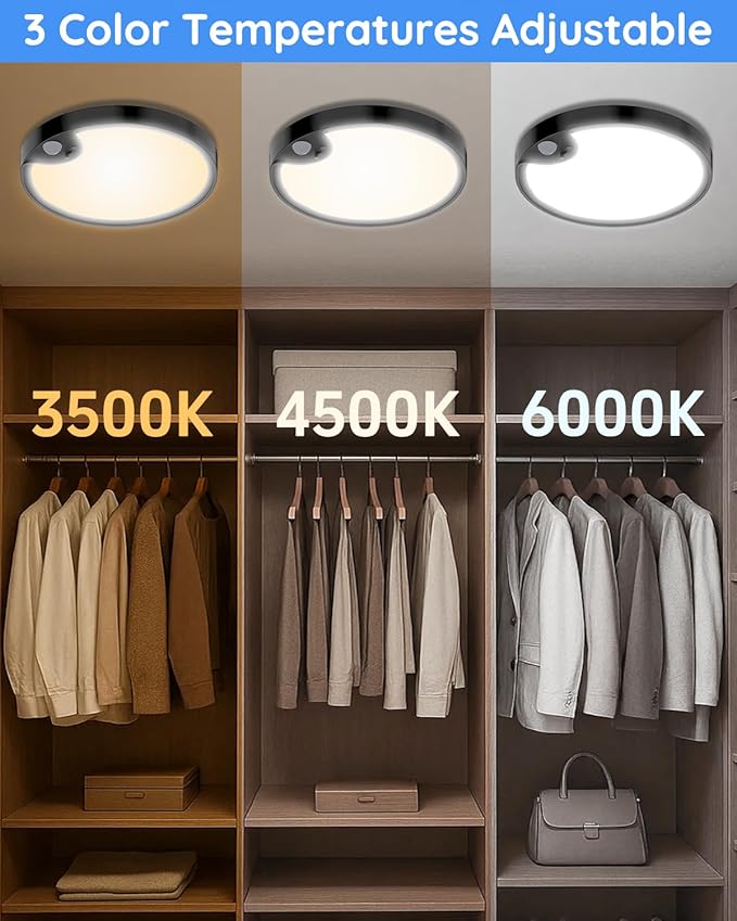 TOOWELL 2 Pack Motion Sensor Ceiling Light Rechargeable - Closet Light Battery Operated, Wireless Waterproof Shower Light, Overhead Sensor Light for Closet Shower Pantry Hallway Stair
