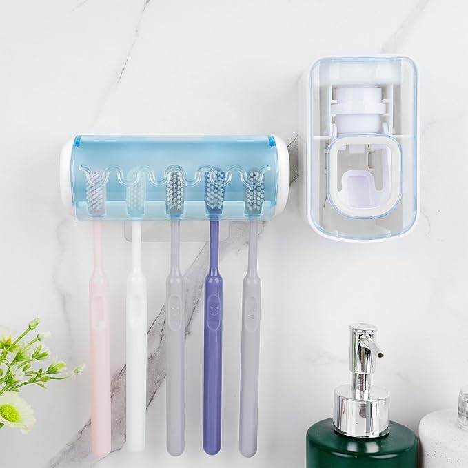 5 Slots Wall Mount Toothbrush Holder with Cover, Self Adhesive Toothbrush Storage Organizer for Shower, Toothbrush Hanger with Automatic Toothpaste Squeezer Dispenser (Blue)