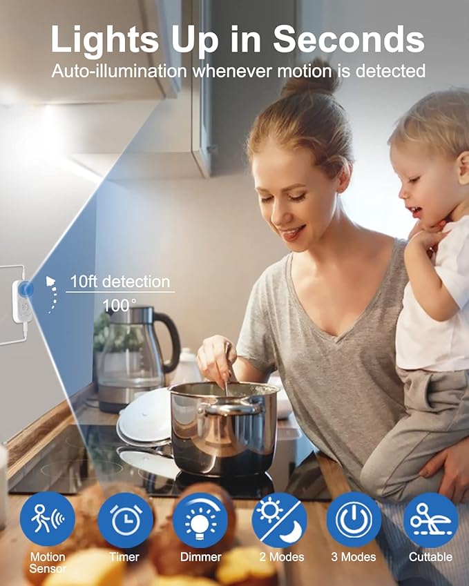 Motion Sensor LED Strip Light - Cabinet Strip Lights with 24W Plug, Dimmer and Timing, Indoor Light Strips for Kitchen Cabinets, Stair, Under Bed, Showcase, Bedroom, 9.84ft 6000K ColdWhite