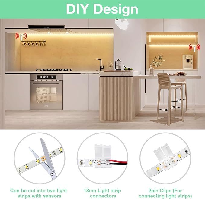 WOBANE Dual Motion Sensor Under Bed Lights,Rechargeable 16.4ft LED Light Strip,Battery Powered Tape Light for Shelves,Cabinet,Anywhere,PIR Detector,Cuttable,Flexible,2700K Warm White