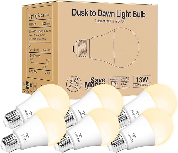 Torkase Outdoor Dusk to Dawn Light Bulbs, 13W(100W Equivalent), E26 3000K, Built-in Photocell Detector, Automatic On/Off, Smart Sensor LED Lighting Bulb for Porch Hallway Garage Boundary-6 Pack