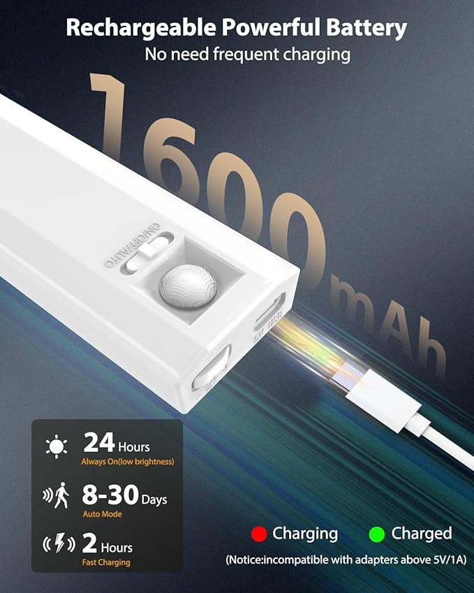 10inch Under Cabinet Lighting, 68 LED Rechargeable Motion Sensor Light Indoor, 6 Levels Dimmable Magnetic Closet Lights, Wireless Under Counter Lights for Kitchen, Stairs, Bedroom, 4-Pack Daylight