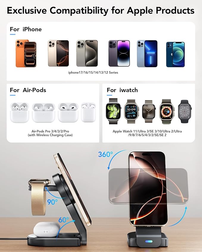 3 in 1 Wireless Charging Station Compatible with Apple,Foldable Magnetic Wireless Charger for iPhone 17/16/15/14/13/12,Apple Watch Series 11/Ultra 3/SE 3/10/9/8/7/6/5/4,Air-Pods Pro 3/4/3/Pro/2(Black)
