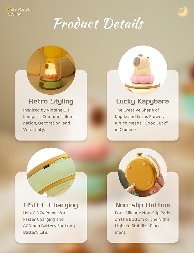 WANIDEA Lucky Capybara Night Light, Cute Rechargeable Lamp for Kids, Rotatable Brightness Adjustment, Lucky Capybara Gift (Yellow)