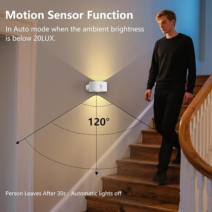 Deyagoo Motion Sensor Wall Light Indoor, Battery Operated Sconce 360°Rotate, Rechargeable Cordless Night Light, Touch Dimmable 3 Brightness, UP Down LED Wall Lamp for Stairs, Closet, Bedroom, Bathroom