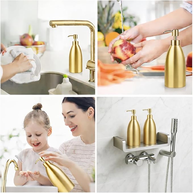 304 Stainless Steel Soap Dispenser 16oz Rust-Proof Liquid Soap Pump Bottle for Kitchen or Bathroom Countertop Hand Dish Lotion Leak-Proof (Matte Gold)