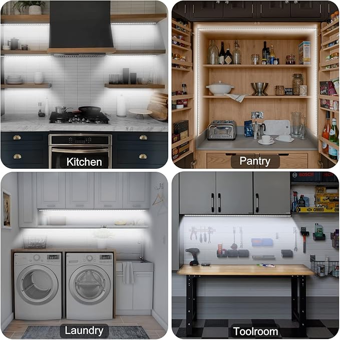 Under Cabinet Lights Plug-in Motion Sensor LED Strip Lights Indoor Cold White 6000K Super Bright 2000lm with 12V Adapter, Dimmer and Timer for Kitchen Cabinet, Shelf, Wardrobe, Stairway…