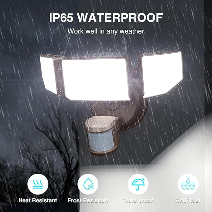 Abovizo 85W LED Security Lights Motion Sensor Light Outdoor, 8500LM Dusk to Dawn, IP65 Waterproof, 6500K, 3 Head Motion Detected Flood Light, Floodlight for Outside, Garage, Yard, Porch (Brown)