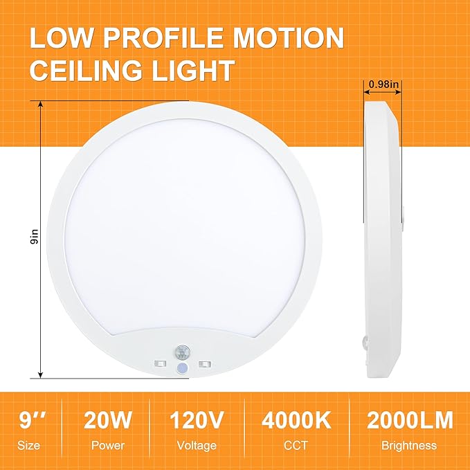 2-Pack 20W Motion Sensor Ceiling Lights Hard-Wired, 9Inch Indoor Motion Activated LED Ceiling Light Fixtures with 3 Modes, 4000K Flush Mount Lights for Closet Stairwell Hallway, NOT Battery Operated