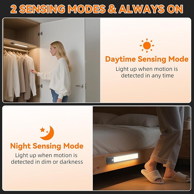 Under Cabinet Lighting Wireless, 15inch Rechargeable Motion Sensor Light Indoor, 3 Color Closet Light Battery Operated with LED Power Display, Magnetic Under Counter Lights for Kitchen (3Pack-Black)