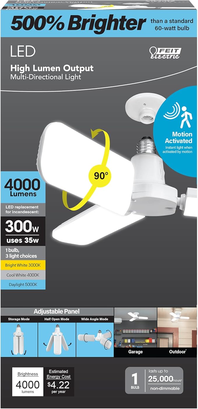 Feit Electric LED Garage Light, Multiple Adjustable Panels, E26 Base, Ideal for Garage, Workshop, Shed, 25,000-Hour Lifetime