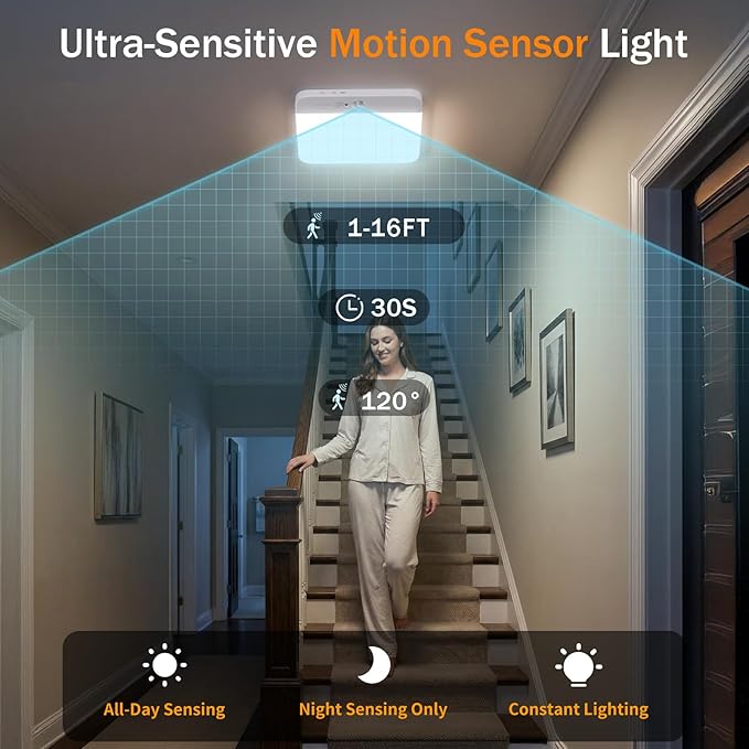 NARUNDREN Rechargeable Motion Sensor LED Ceiling Light with Remote, Wireless Battery Operated Closet Light, 400LM Dimmable 3 Color Temperatures, Motion Activated Light for Stair Hallway Garage Pantry