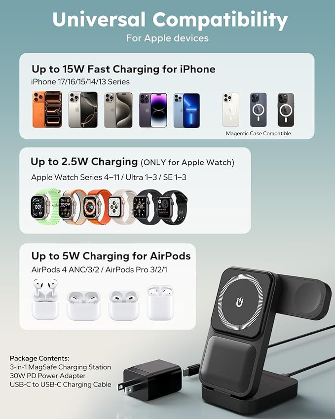Travel Charging Station 3 in 1 for MagSafe, 15W Ultra Fast Magnetic Wireless Charger Stand for iPhone 17 16 15 Pro Max, Foldable Phone Charging Dock for Apple Watch/AirPods (with 30W Adapter)
