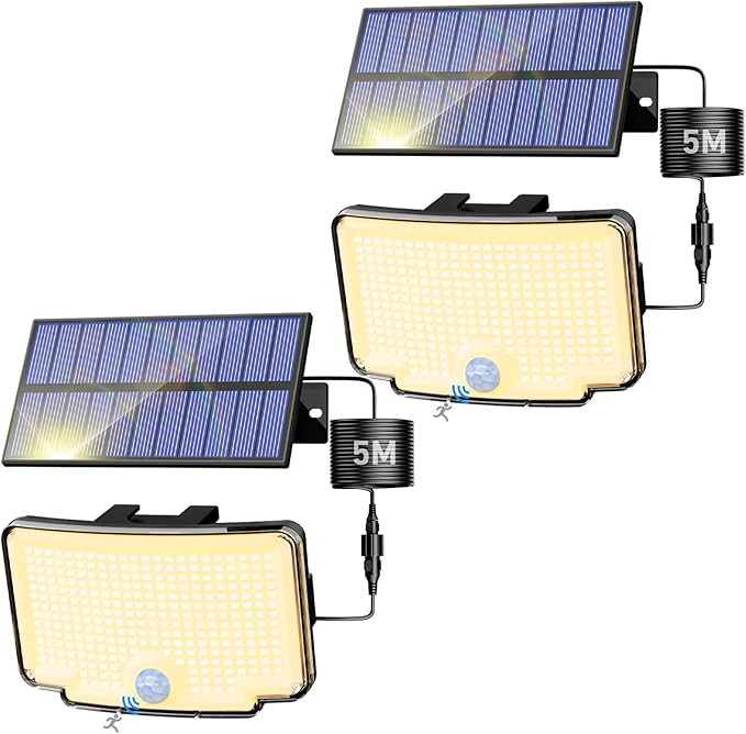 Peasur 2 Pack Solar Motion Lights Outdoor, 318 LED Solar Security Light with 3 Modes, IP65 Waterproof Powered Flood Lights for Outside Garden Garage Yard Backyard Warm White