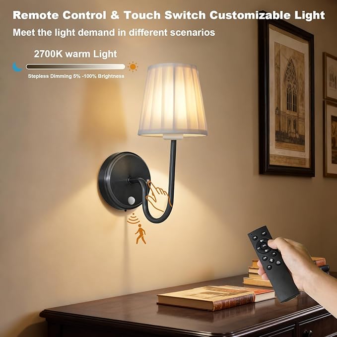 Battery Operated Motion Sensor Wall Sconce, Rechargeable Wireless Black Wall Lamp with 5200mAh Battery, Dimmable Wall Sconce Light with Switch and Remote for Living Room, Bedroom, Hallway