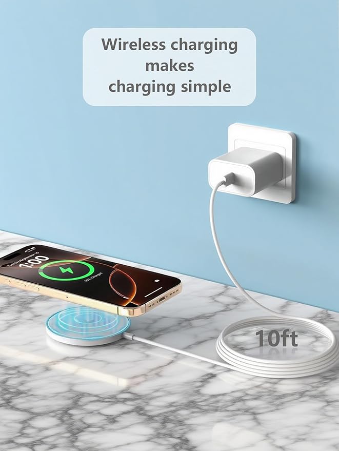 Magnetic Wireless Charger for Apple iPhone 17/16/15/14/13/12/11/AirPods, 2-Pack Fast Charging Long Cable 10ft Magnet Pad & 2-Pack Type-c Charger Block, White