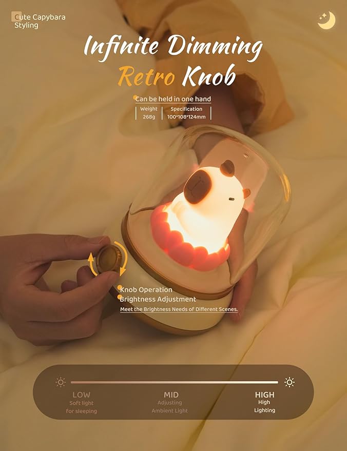 WANIDEA Lucky Capybara Night Light, Cute Lamp and Cozy Lighting,Rotate to Adjust Brightness,Rechargeable Night Light for Kids,Capybara Gift,Cute Stuff Gifts for Children,Lucky Capybara Bring Good Luck