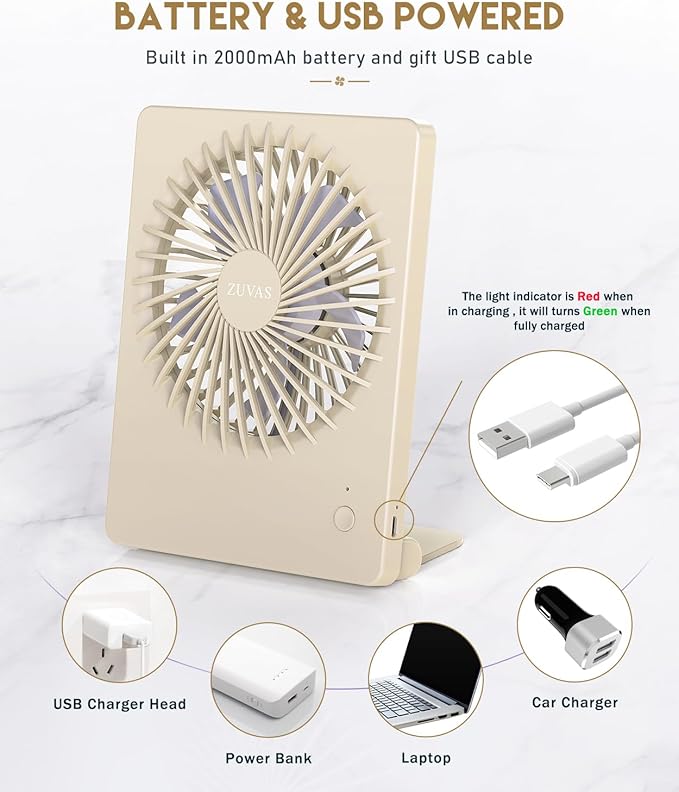 Zuvas Desk Fan Battery Operated Fan Rechargeable 180°Tilt Folding Personal Fan Ultra Quiet Small Portable 3 Speed Adjustable Strong Wind Fan For Office Bedroom Home Desktop Camping (Beige)