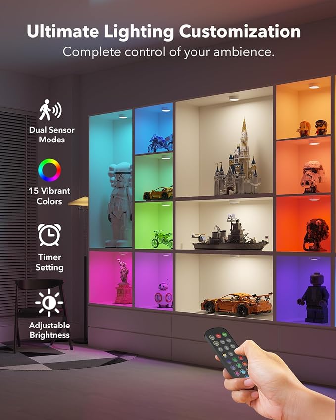 Radar Motion Sensor Puck Lights Rechargeable, Wireless RGB Under Cabinet Lighting with Remote, Color Changing Night Lights USB Magnetic Push Light for Stairs, Shelf, Showcase, Bookcase, Display