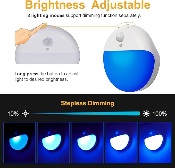 YUNLEX 2 Pack Blue Battery Night Light, Motion Activated Stick on Lights, 2.6" Small Travel Night Light, 3 Light Modes, Very Dim, Dimmable Battery Operated Lights for Toilet, Bathroom, Kids, Game Room