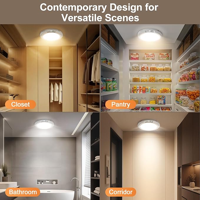 Yunaking Rechargeable Ceiling Light with Motion Sensor: Battery Operated LED Closet Light with Remote & Timing - Wireless Dimmable Magnetic Mount Shower Lamp for Bathroom/Stairs/Garage/Hallway