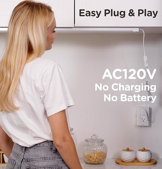 Under Cabinet Lighting Plug in 9in AC120V with Motion Sensor 3000K/4000K/5000K, Super Bright, Linkable Under Counter Light for Kitchen, Shelf, Sink, Closet, Aluminum White 1Pack