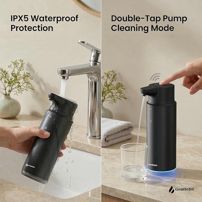 GentleJet CrystalJet Automatic Liquid Soap Dispenser Touchless Sensor, Stainless Steel, USB-C Rechargeable, Waterproof Kitchen & Bathroom Countertop Soap Dispenser, 300 ml