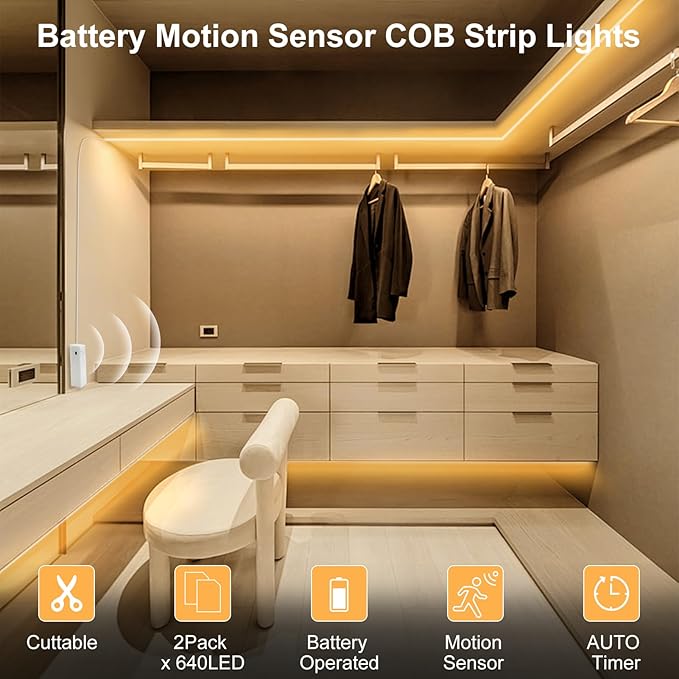 DBFAIRY 2 Pack COB Motion Sensor Strip Light Battery Operated, 6.6Ft 640 LED Cabinet Strip Lights High Bright with Sensor Lighting Mode for Wardrobe Stair Pantry Counter Cabinet Bed,2700K Warm White
