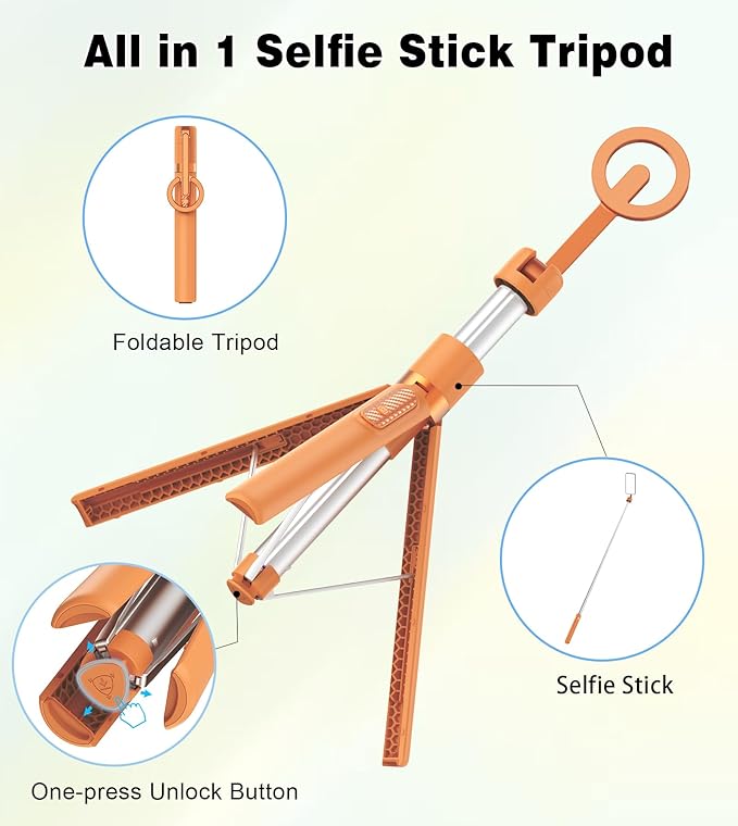 TONEOF 68" Magnetic Selfie Stick Tripod with Aluminum Strong Magnetic Holder for Magsafe, 360° Rotatable Travel Phone Tripod Stand with Metal Ring & Rechargeable Remote for iPhone/Android（Orange）