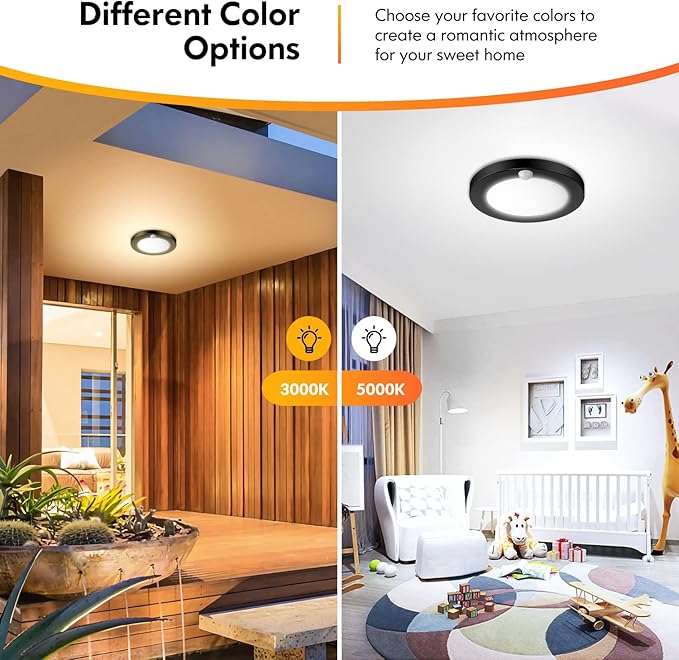 2-Pack Motion Sensor LED Ceiling Lights, 15W-100W Equivalent, 1200LM 3 Colors in 1(3000K/4000K/5000K), 7.5inch Black Flush Mount Lighting Fixture for Closet Room, Hallways, Laundry Room, Non-Dimmable
