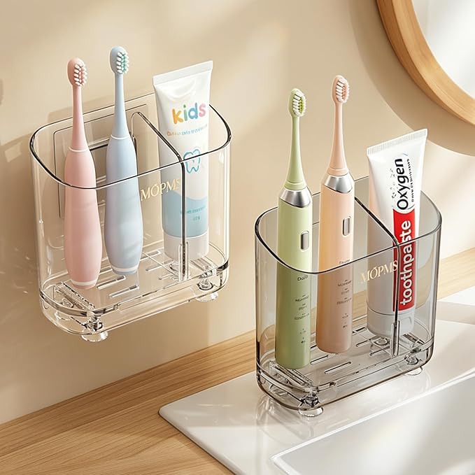 Toothbrush Holders with Drainage for Bathroom Countertop Organizer, 2 Slots Electric Toothbrush Holder Wall-Mount with Divider for Easy Clean, Tooth Brush and Toothpaste Holder for Bathroom Kitchen