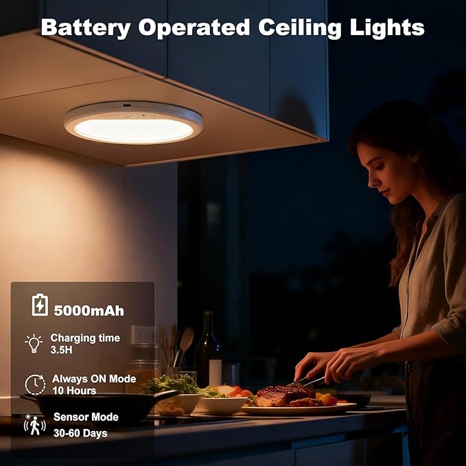 Rechargeable Ceiling Light Wireless Motion Sensor Closet Light Indoor with Remote Magnetic Ceiling Lights Battery Operated for Shower Stairs Shed Hallway Garage Pantry Porch