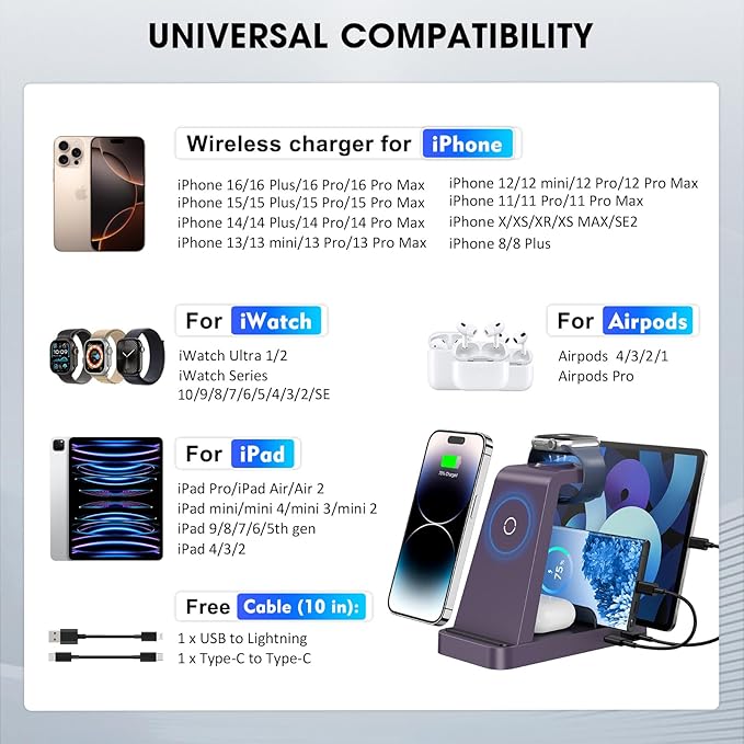 Wireless Charger for iPhone - 5 in 1 Charging Station for Multiple Devices Apple: Fast Wireless Charging Stand Dock for iPhone 17 16e 16 15 14 13 12 Pro Max Apple Watch Airpods (Purple)
