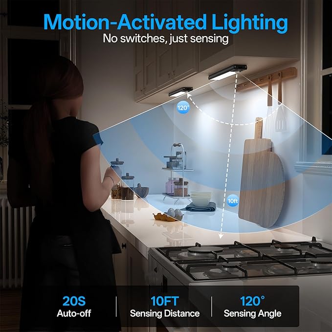 Under Cabinet Lighting Wireless,Motion Sensor Light Indoor Rechargeable,3Color Dimmable Closet Light Battery Operated with Remote Control,Under Counter Lights for Kitchen,Closet 2Pack
