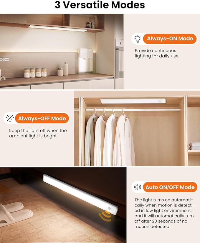 8 Inch Under Cabinet Lights, Upgraded 41 LED Rechargeable Magnetic Motion Sensor Light Indoor, Brightness Dimmable 6500K Stepless Dimming Closet Light, for Under Counter, Kitchen, Closet, 2 Packs