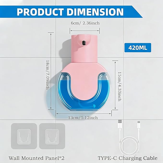 2Pack Automatic Soap Dispenser Touchless, Rechargeable Foaming Soap Dispenser,15oz/420ml Smart Hand Soap Dispensers,4-Level Adjustable,Wall Mount for Bathroom Kitchen Dish Soap(Pink, Foam)