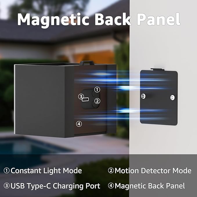 uuffoo Motion Sensor LED Outdoor Wall Lights Rechargeable Waterproof, Up and Down Wall Sconces Dusk to Dawn Metal No Drill No Wiring Magnetic Exterior for Garage Patio Walkway Porch (2PCS Square)