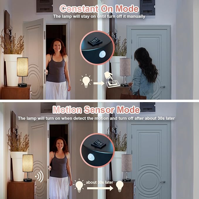 lifeholder Table Lamps with Motion Sensor and Constant on Two Modes, USB Lamp with Warm White Bulb, Fabric Shade, Built-in USB Port & AC Outlet - Bedside Table Lamp for Bedroom or Living Room