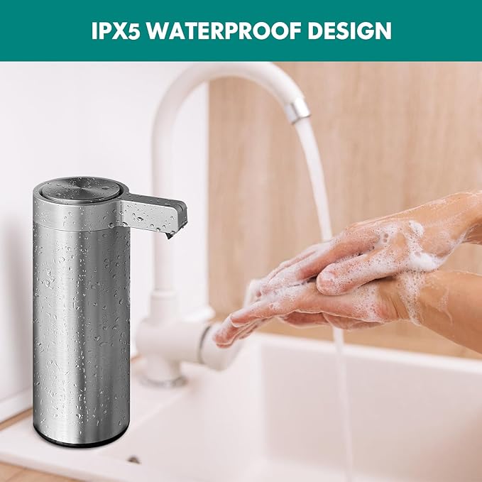 Automatic Soap Dispenser Stainless Steel with Sensor Infrared Soap Dispenser Electric IPX5 Waterproof USB-C Charging Motion Sensor for Kitchen & Bathroom (Silver)