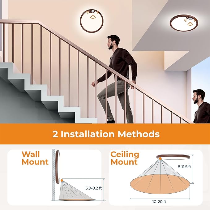 BLNAN Motion Sensor Ceiling Light Wired, 8.7 Inch 3000K 4000K 5000K Selectable LED Flush Mount Light Fixture, Motion Activated Light with Timer for Hallway Stair Walk-in Closet, Non-Dimmable - Walnut