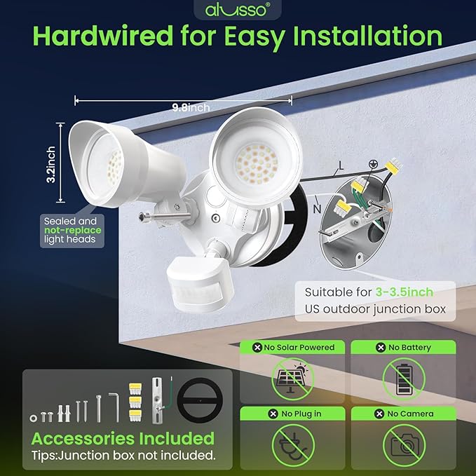 ALUSSO Motion Sensor Outdoor Lights, 30W 3500LM Flood Lights Outdoor 120V, 3 Modes (Dusk to Dawn/Auto/On Time), 3CCT 3000K/4000K/6500K Waterproof Hardwired ETL Listed, Porch Flood Light, White 2PCS