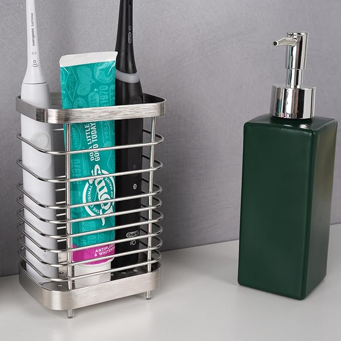 Wall Mount Toothbrush Holder for Bathroom, Stainless Steel Rustproof Toothbrush and Toothpaste Holder Organizer, Electric Toothbrush Holder Self Adhesive Wallmount/Countertop Organizer(Silver)