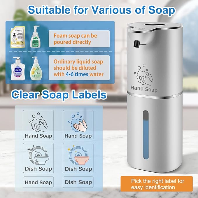 Automatic Foaming Soap Dispenser with Digital Display, 6-Level Foam Adjustable, Rechargeable, 12.8oz/ 380ml Wall Mounted Touchless Hands Free Auto Dispenser for Kitchen, Bathroom, Hotel, Restaurant