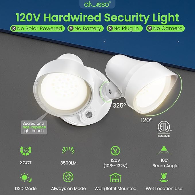 ALUSSO Dusk to Dawn Outdoor Lighting, 30W 3500LM Dusk Till Dawn Outdoor Light 120V, 3000K/4000K/6500K 3CCT IP65 Security Lights ETL Listed Dusk to Dawn Hardwired for House Yard Walkway White 1 Pack