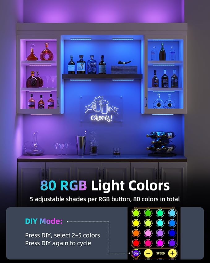 EZVALO 1800mAh Rechargeable Under Cabinet Lighting, Wireless, Magnetic Battery Operated Light Bars, 80 Color Changing, Under-Counter Light Fixtures with Remote for Kitchen, Shelves, Home Bar, 2Pack