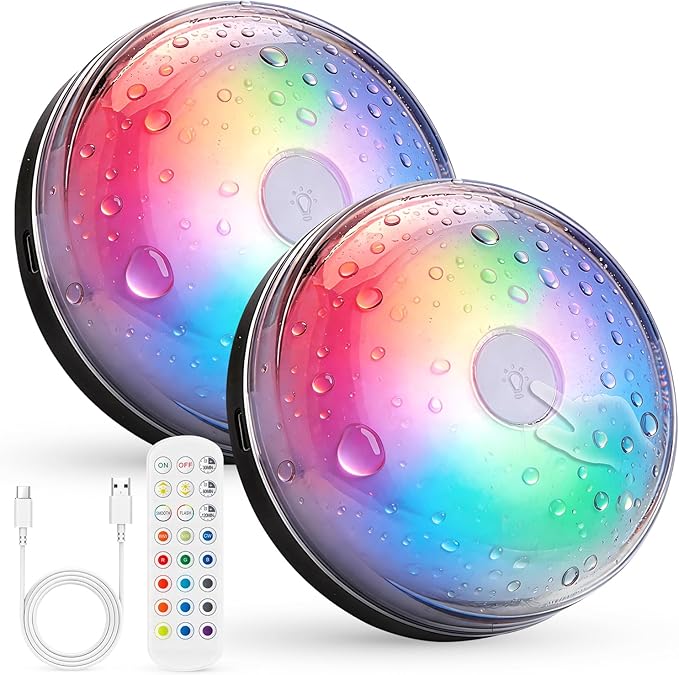 Combuh Rechargeable RGB Ambient Shower Light Waterproof Inside, 15 Color Changing Mood Lighting for Bathroom Bathtub IP65 Waterproof Cordless Battery Operated Stick on Lamp with Remote(Black 2 Pack)