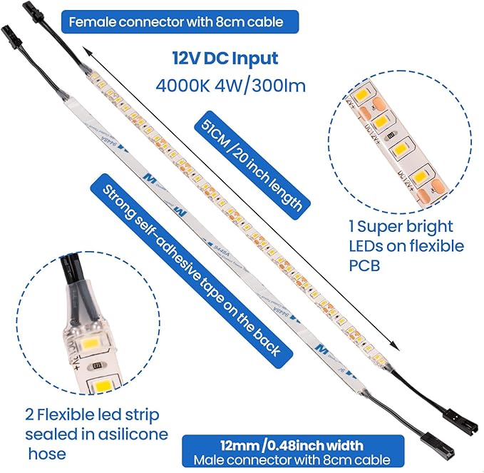 Under-cabinet lighting 6 x 20-inch flexible LED strips (includes UL-certified power adapter) 4000K daylight color temperature Suitable for kitchen cabinets countertops under shelves and wardrobes