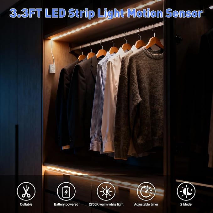 LUXJET Rechargeable Motion Sensor Wardrobe Light, 3.3ft Flexible LED Strip with 30LED, PIR and Light Sensor, Warm White Night Light for Bedroom, Kitchen, Wall, Closet, Cabinet