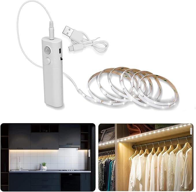 Rechargeable LED Strip Lights for Cabinets - LUXJET 2M Cool White Motion Sensor led Strip Lights for Bedroom, Kitchen, Under Cabinet, TV, Stairs, Door Frame