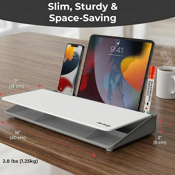 Chalkola Grey Glass Desktop Whiteboard with Storage - Dry Erase Board, Work Desk Organizers, Computer Keyboard Stand, Home Office Desk Accessories, Workspace Desktop Buddy